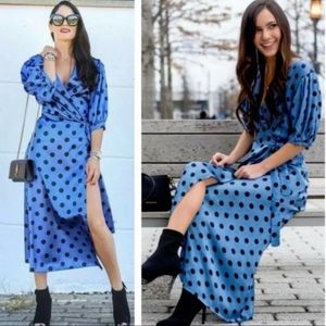 Zara | polka Dot Blue satin wrap dress